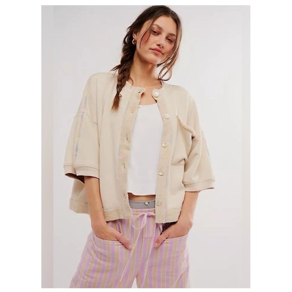 Free People Matilda Cardigan Sweatshirt Terry Cream Size L Boxy Oversized Cozy